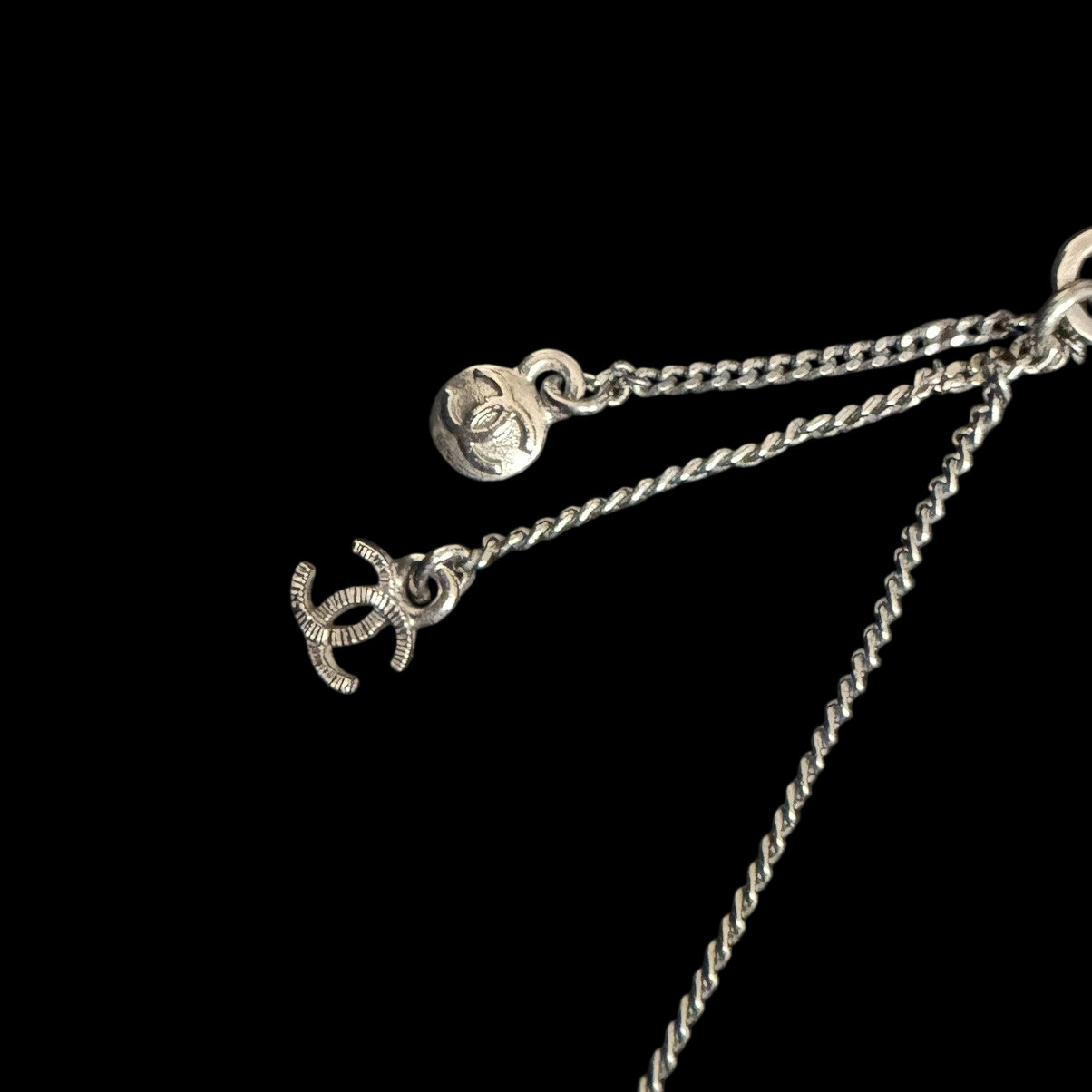 CHANEL Silver Alloy Black Pave Crystal Double CC Pendant Necklace