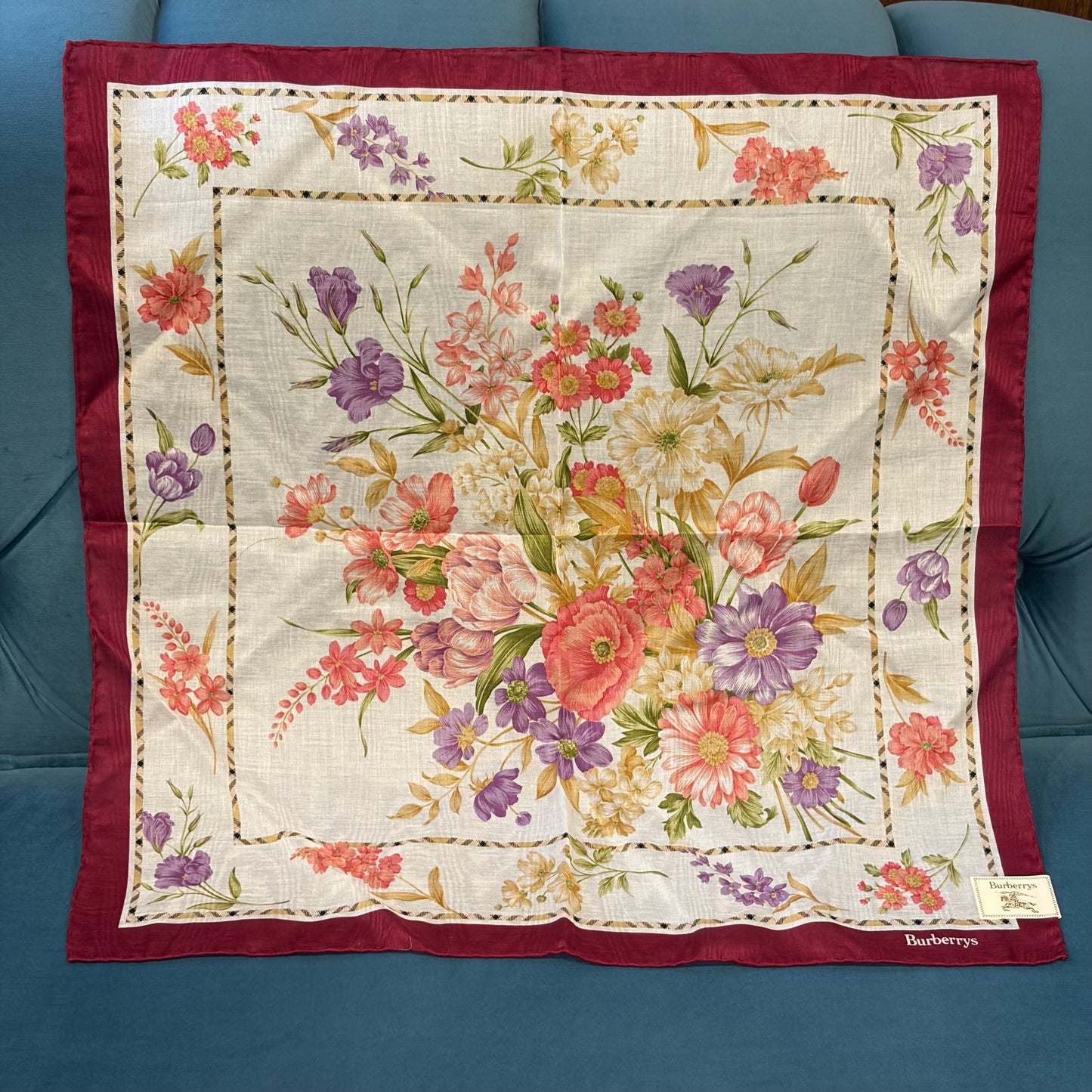 BURBERRY Large Square Scarf Cotton Bordeaux Multi-color Floral Print Retro Elegant