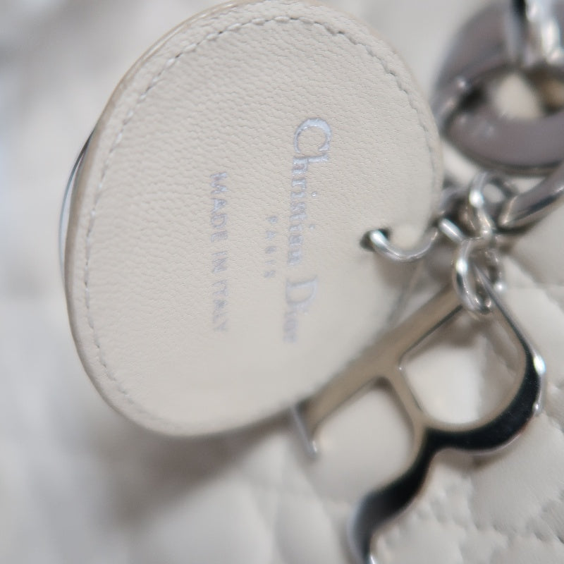 DIOR Cannage Lady Dior Handbag, Lambskin, White, Silver-Tone Hardware, White PVC, 5-Pocket Lady Dior Top Handle Bag