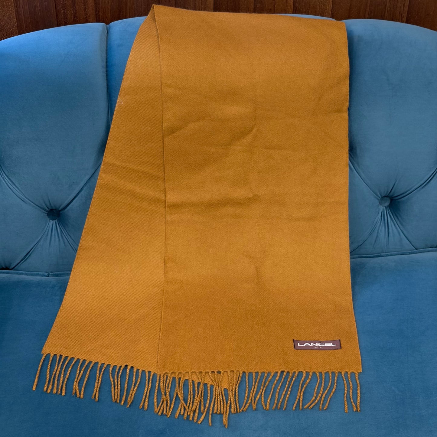 LANCEL Muffler Scarf Yellow Light Brown Camel Solid Color Fringe Brand Label Warm for Autumn Winter