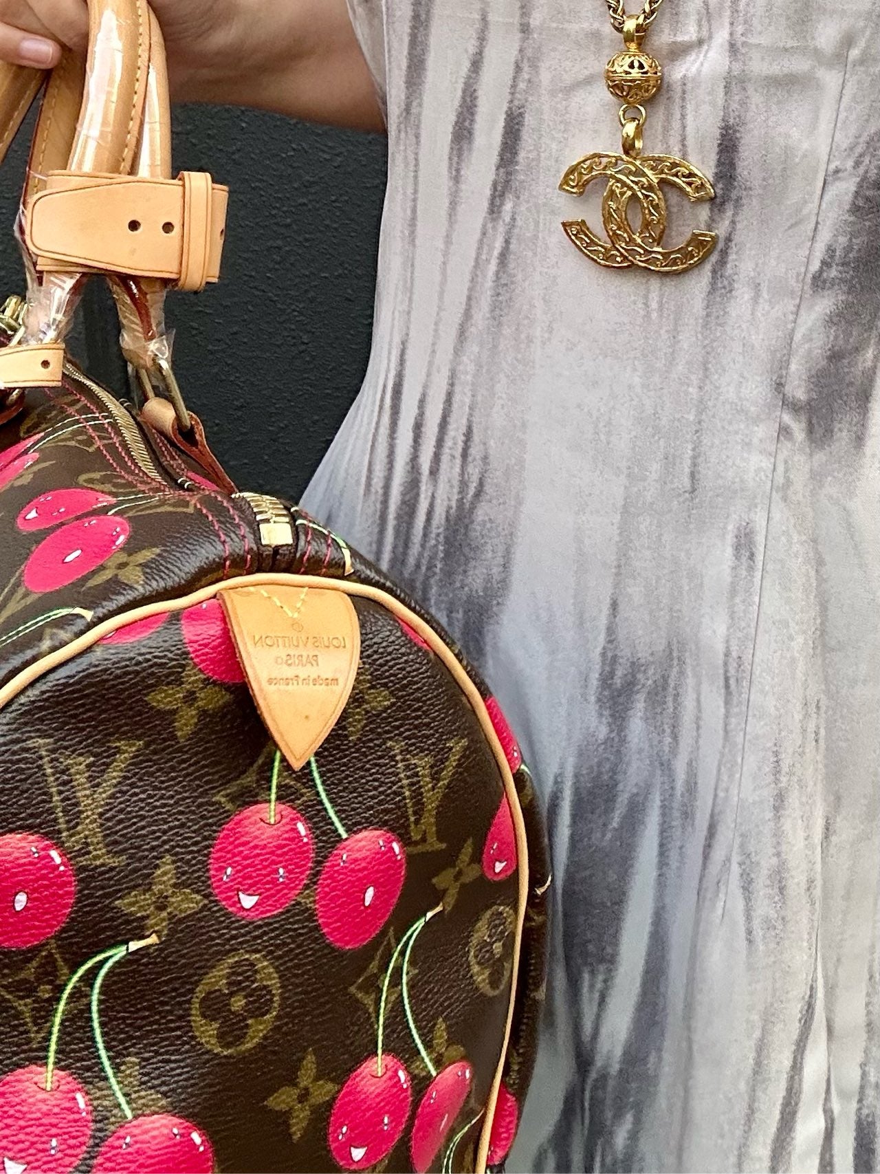 Louis Vuitton (LV) Monogram Cherry Keepall 45, Brown PVC, Limited Edition, Includes Name Tag, Luggage Strap & Boarding Pass Holder