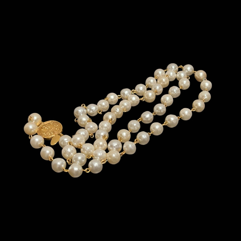 CHANEL Faux Pearl Necklace Gold Hardware White Logo Pendant