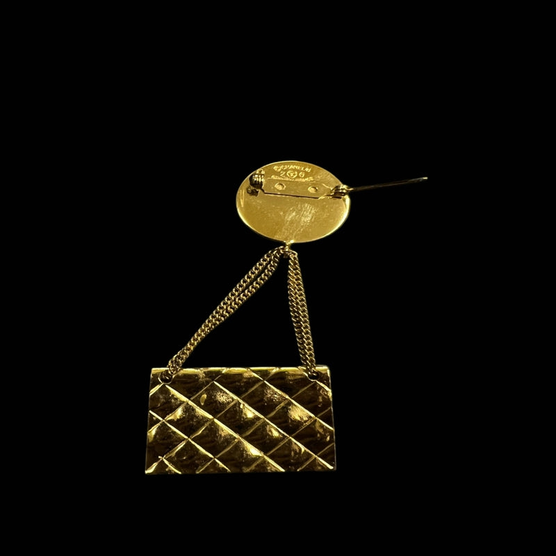 CHANEL Brooch, 26, Gold Plated, With Box, Bag Design, Gold Tone Alloy