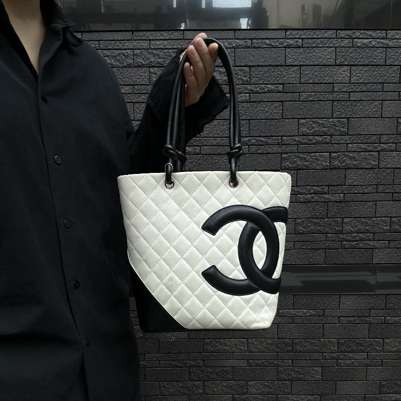 CHANEL Cambon Line Tote Bag (Shoulder Bag), Lambskin, White
