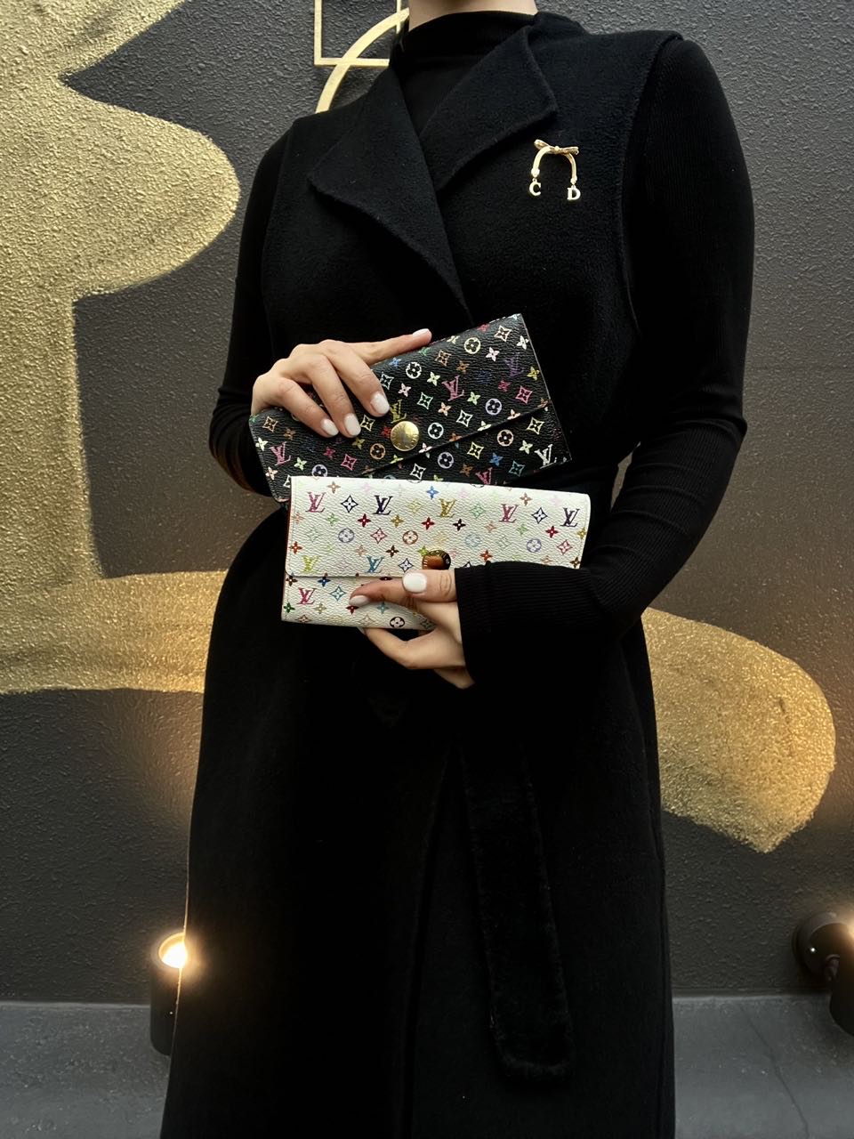 LOUIS VUITTON Multicolore Long Wallet, Black, with LY Initials, PVC-Coated Canvas
