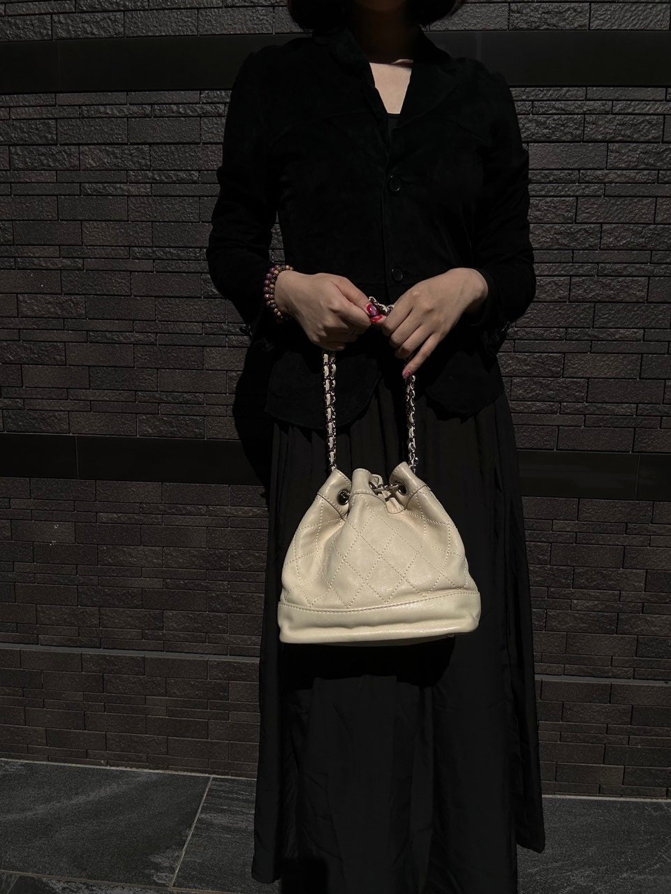 Chanel Drawstring Shoulder Bag Lambskin Chain Silver Hardware White Beige Bucket Bag