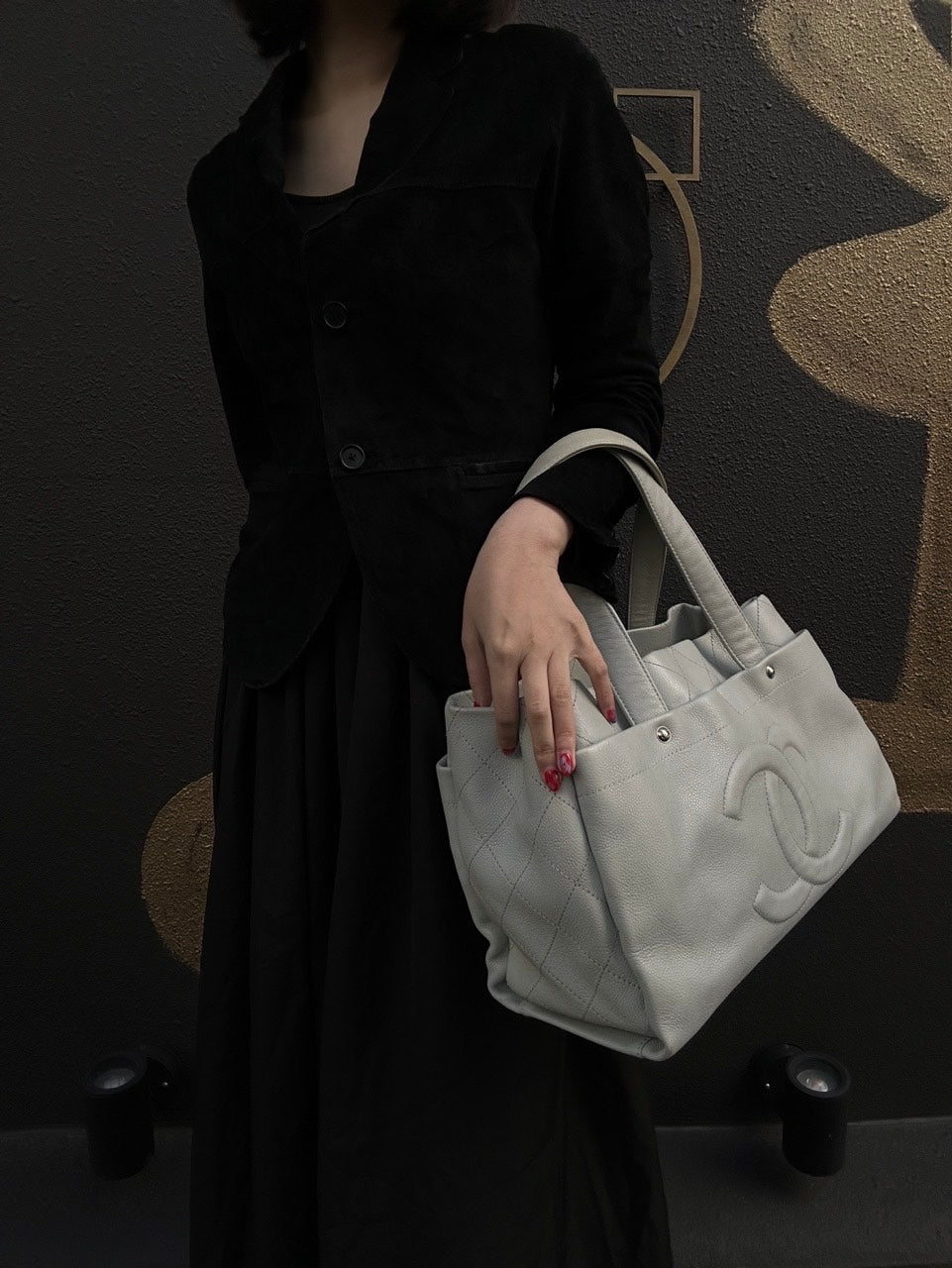 CHANEL Gray Tote Bag, Caviar Leather, with Pouch