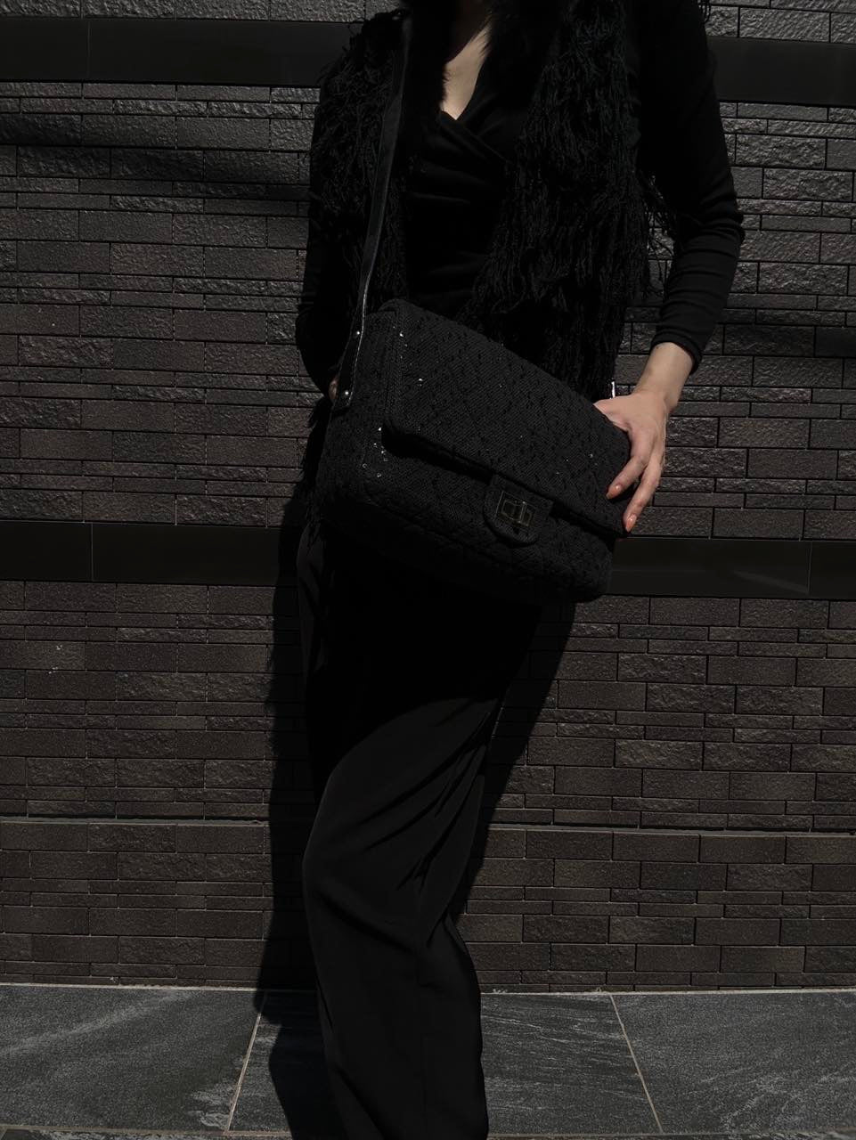 CHANEL Black 2.55 Quilted Canvas Chain Crossbody Bag with Sequins