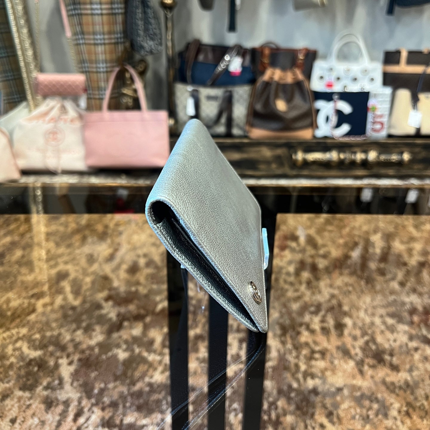 CHANEL Long Vertical Wallet, Lambskin, Silver, Serial Number Starting with "11", Includes Guarantee Card
