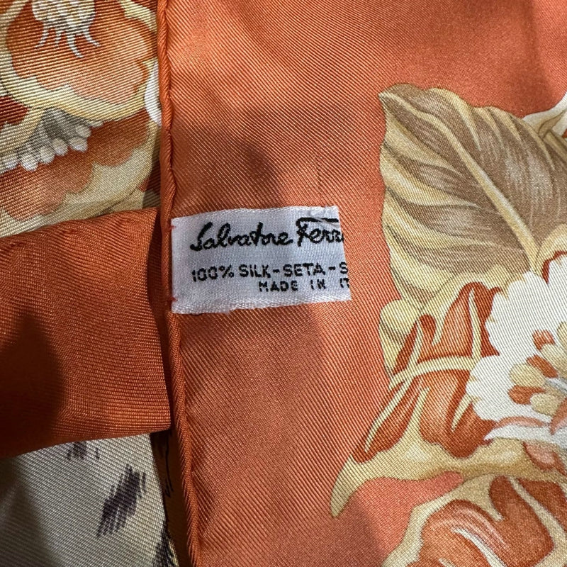FERRAGAMO orange floral leaf leopard large scarf