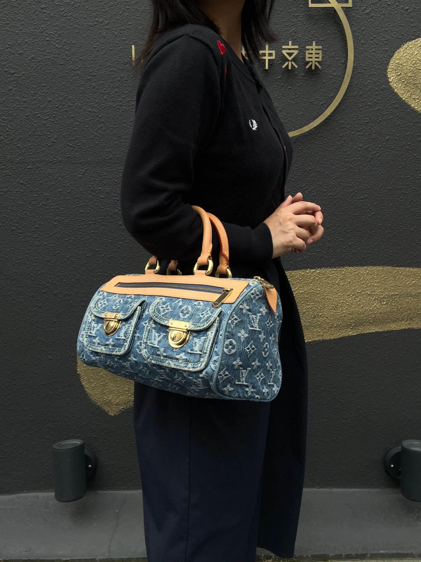 Louis Vuitton Monogram Denim Neo Speedy Blue Handbag with Gold Hardware