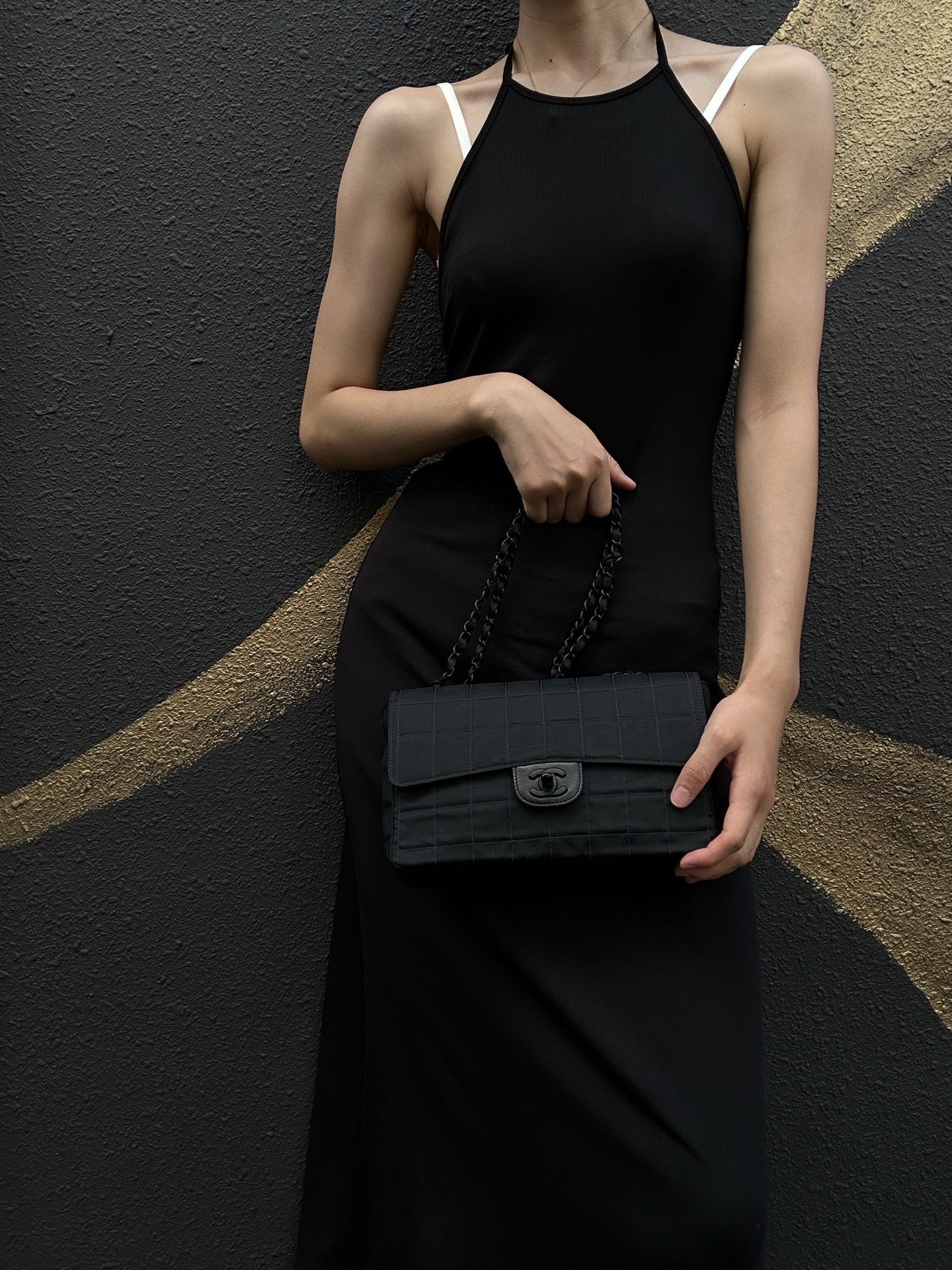 CHANEL New Travel Chocolate Bar Matelasse Chain Shoulder Bag, Black, with Authenticity Card; CHANEL Black Canvas Ice Grid Classic Flap (CF) Shoulder Bag