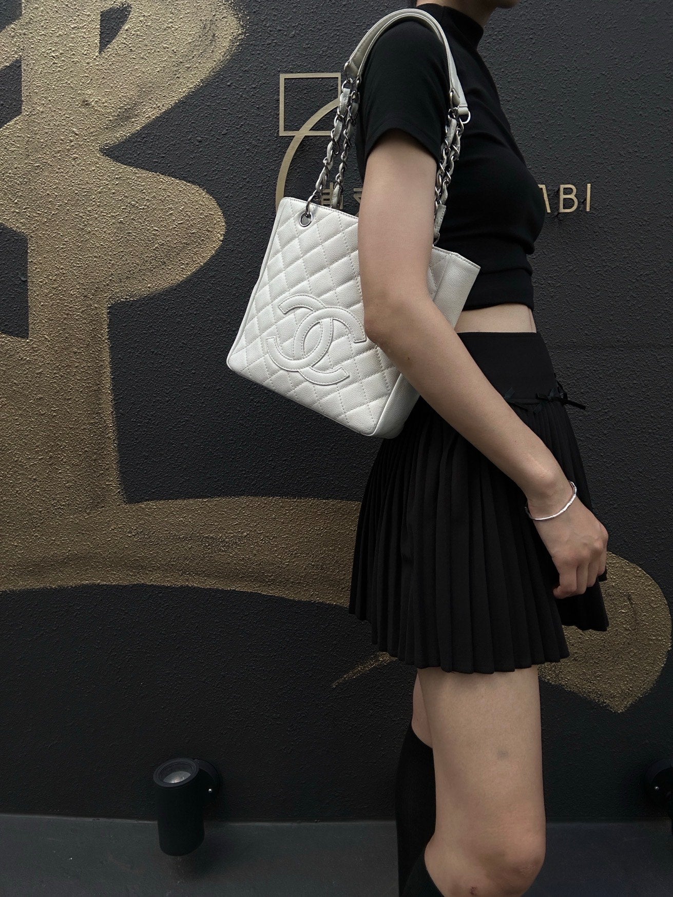 CHANEL PST Quilted Tote Bag, White Caviar Leather with Silver-tone Hardware