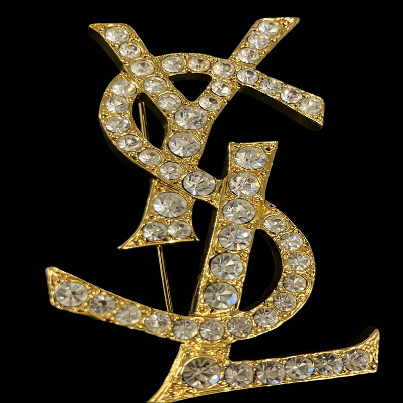 YSL Brooch, Rhinestone, Gold Hardware, Gold Alloy, Diamond Logo