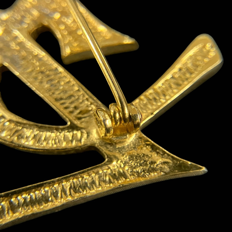 YSL Gold Alloy Brooch With Rhinestone & Diamond Logo, Gold Hardware