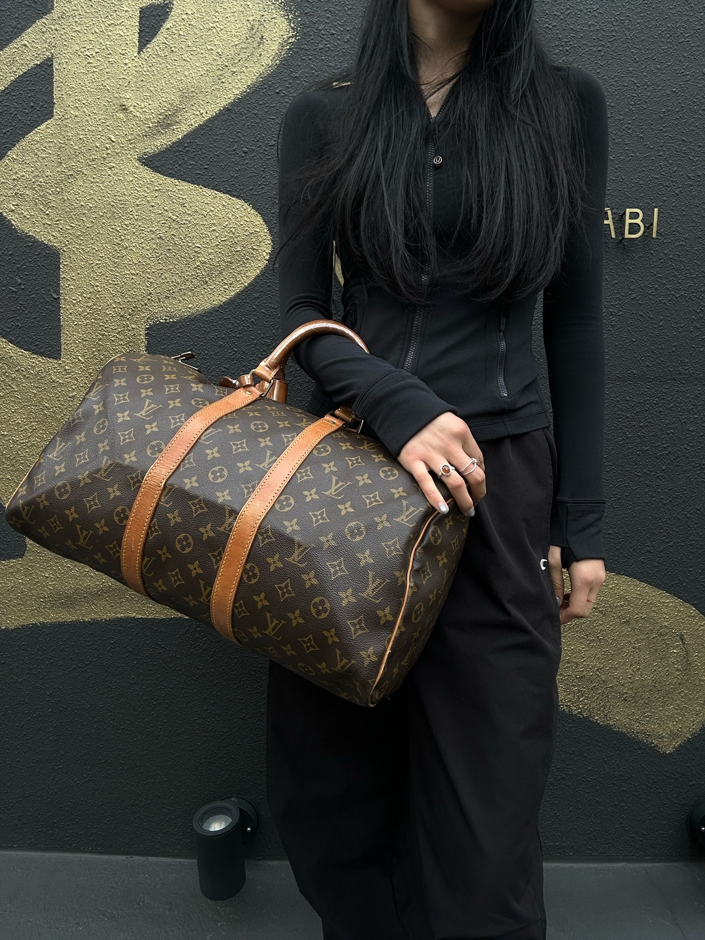 LOUIS VUITTON Keepall 45, Monogram Coated Canvas, Boston Travel & Handbag, Brown, with Name Tag and Pochette