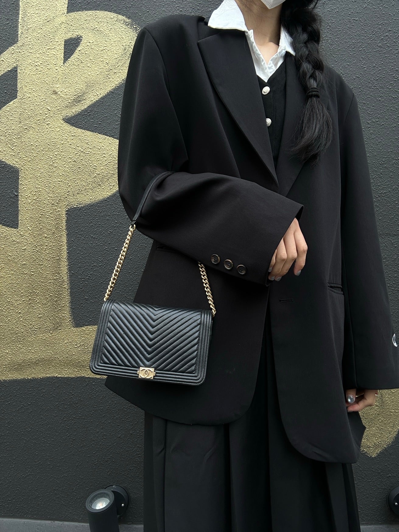 CHANEL Boy Chanel V-Stitch Shoulder Bag, Lambskin, Black with Gold-Tone Hardware