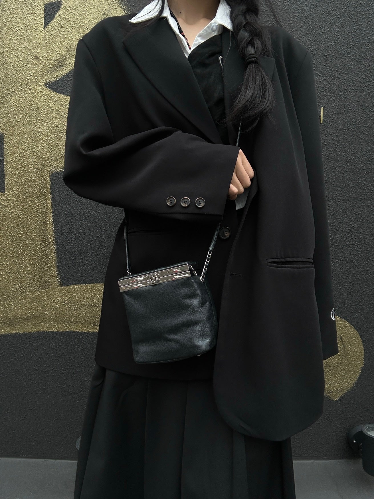 CHANEL Black Lambskin Convertible Shoulder Crossbody Bag with Silver Hardware