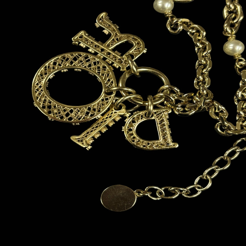 DIOR Logo Rhinestone Necklace, Gold-tone Metal Fittings, Gold Alloy, Comes with Original Box