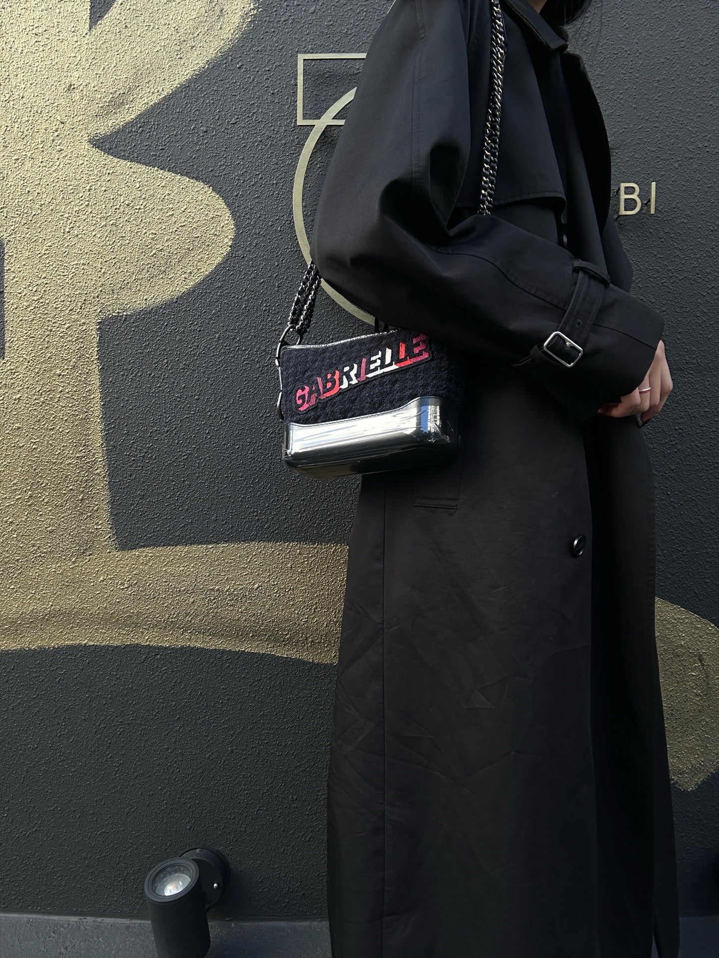 CHANEL Gabrielle de Chanel Chain Shoulder Bag, Black Printed Wool, with Card Pouch