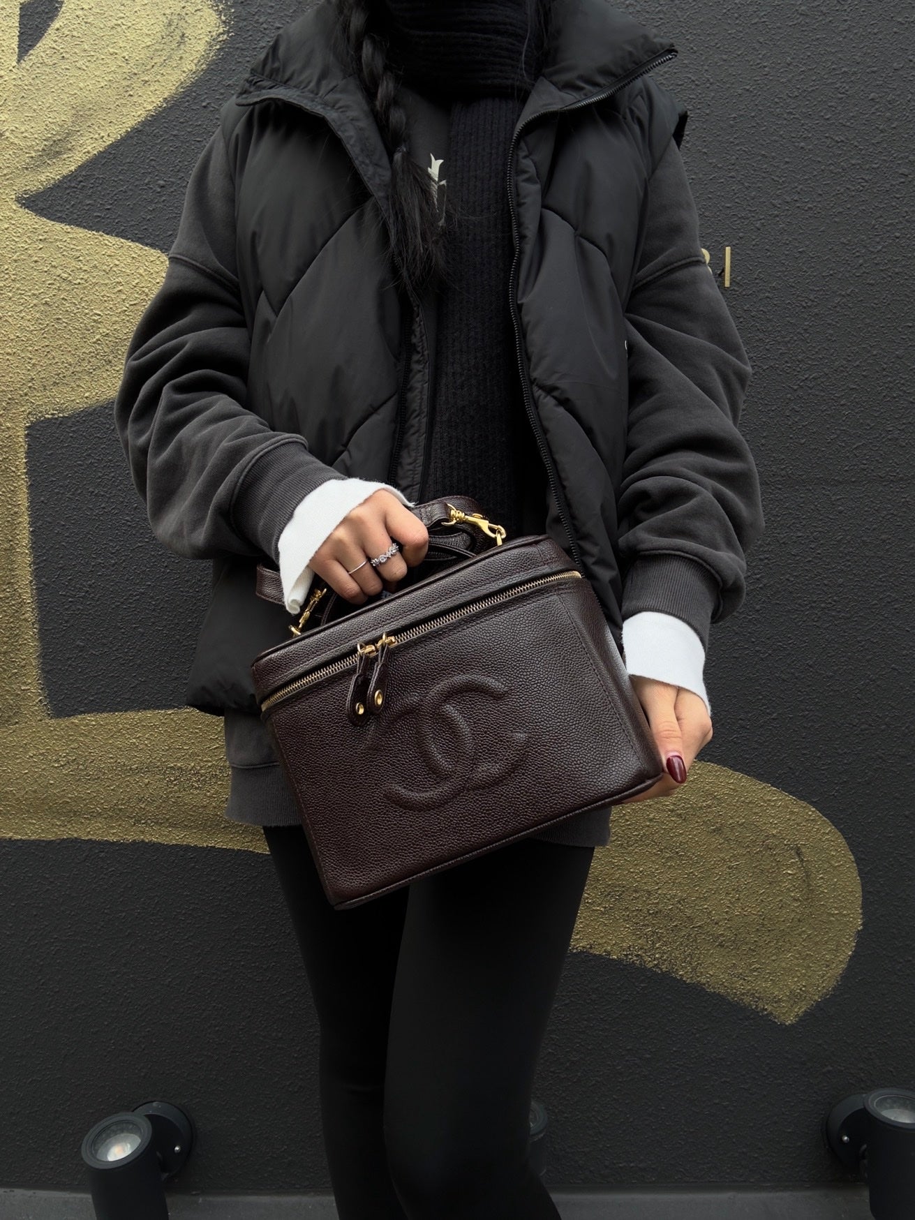 CHANEL Coco Mark Vanity Bag, Brown Caviar Leather, Gold Hardware, with Shoulder Strap & Guarantee Card