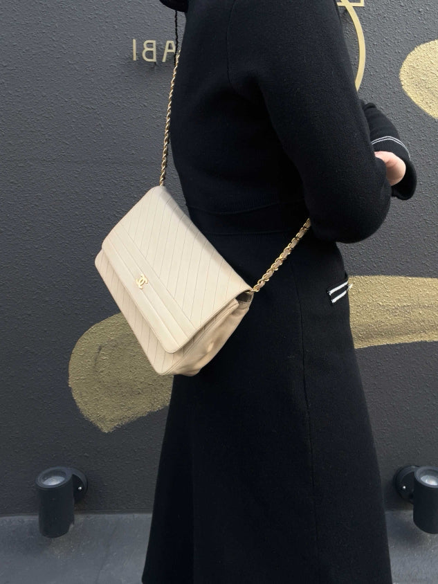 CHANEL Beige Lambskin Striped Flap Chain Crossbody Bag with Gold Hardware