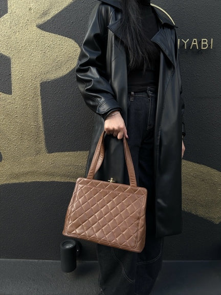 CHANEL Quilted 2-Way Handbag, Caviar Leather, Brown, Gold-Tone Hardware