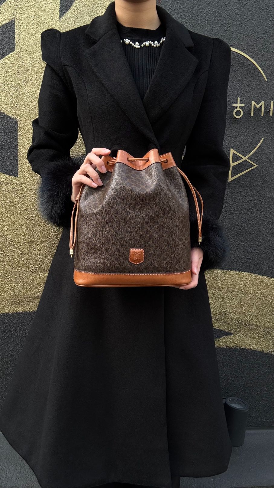 CELINE Macadam Drawstring Shoulder Bag, Brown, Gold Hardware