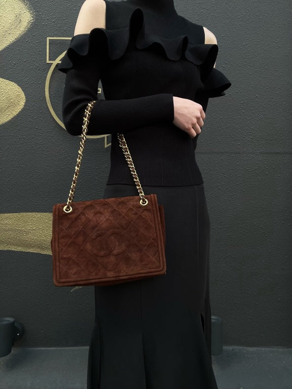 CHANEL Coco Mark Chain Shoulder Bag Brown Suede with Gold Hardware, Includes Guarantee Card