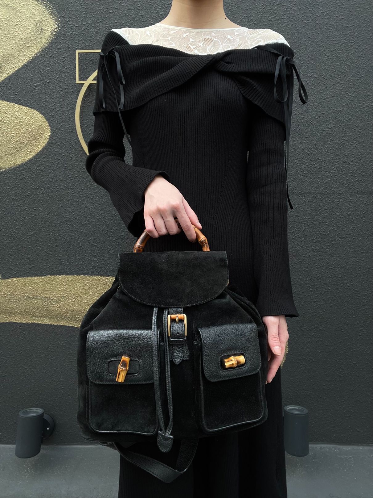 GUCCI Bamboo Backpack, Black Suede
