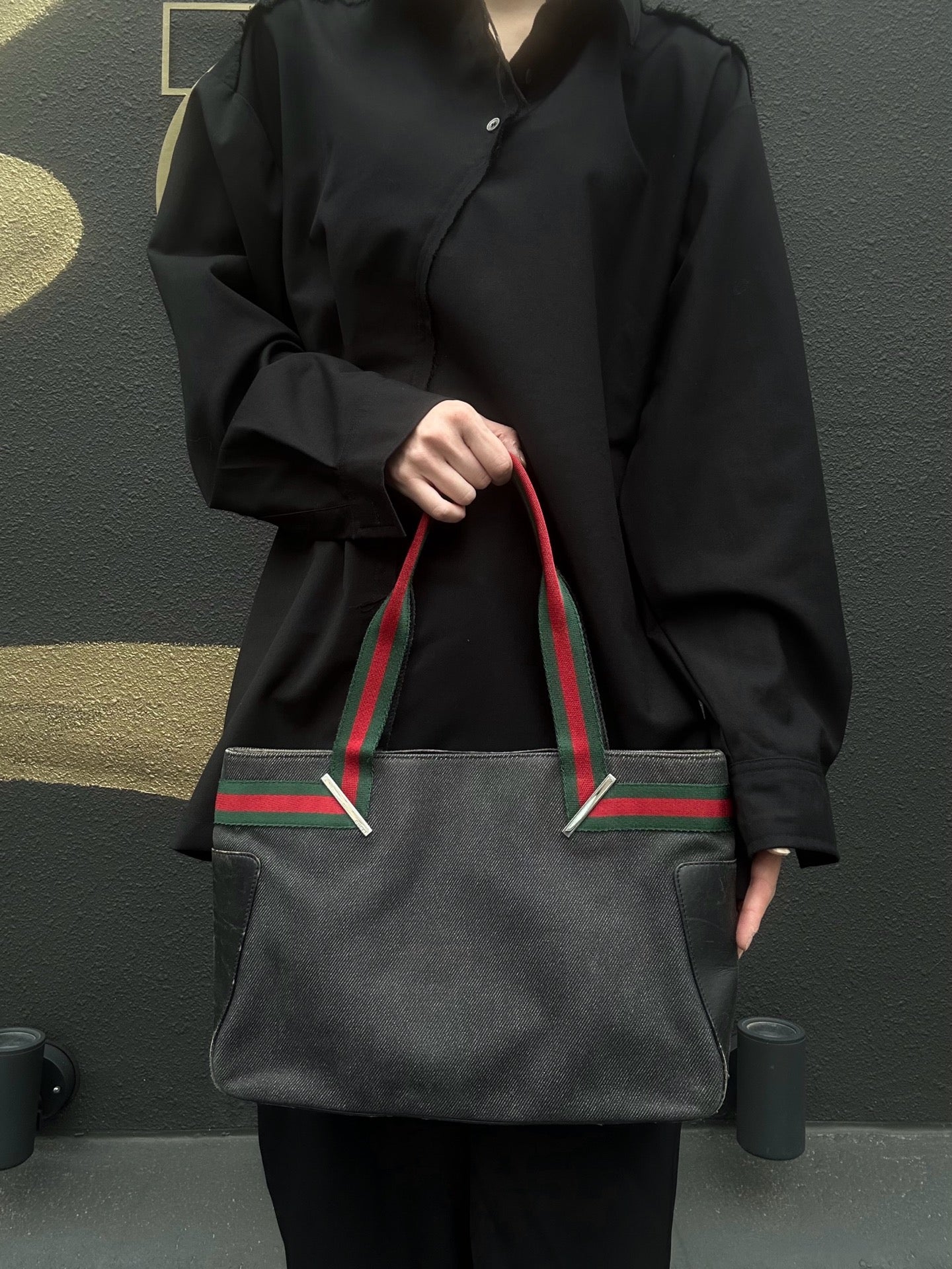 GUCCI Sherry Line Tote Bag, GG Canvas, Grey, With Dust Bag