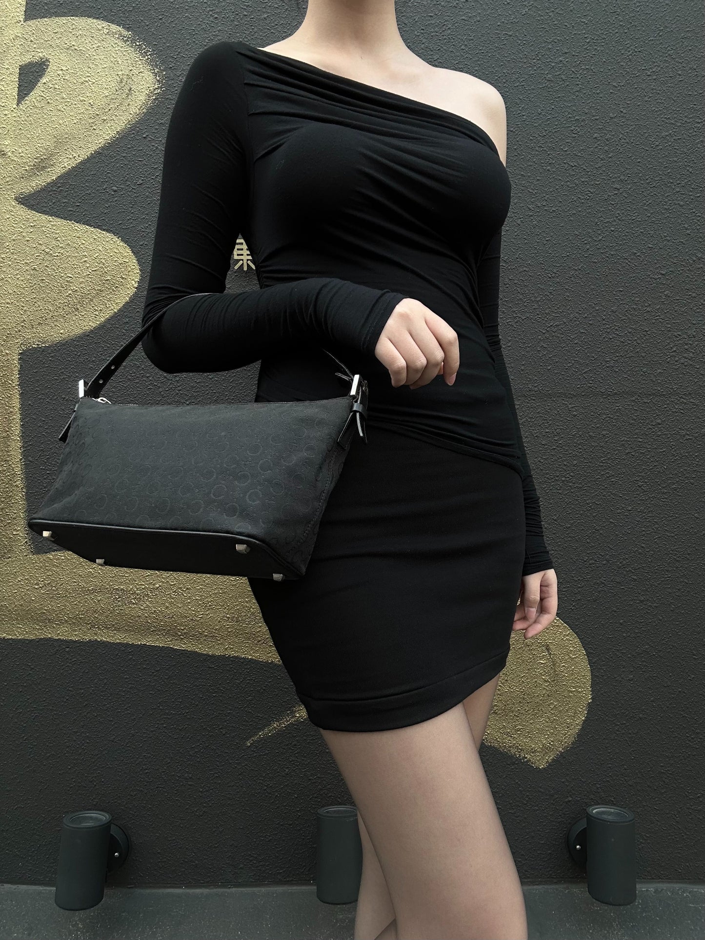 CELINE Canvas Shoulder Bag in Black with Silver Hardware