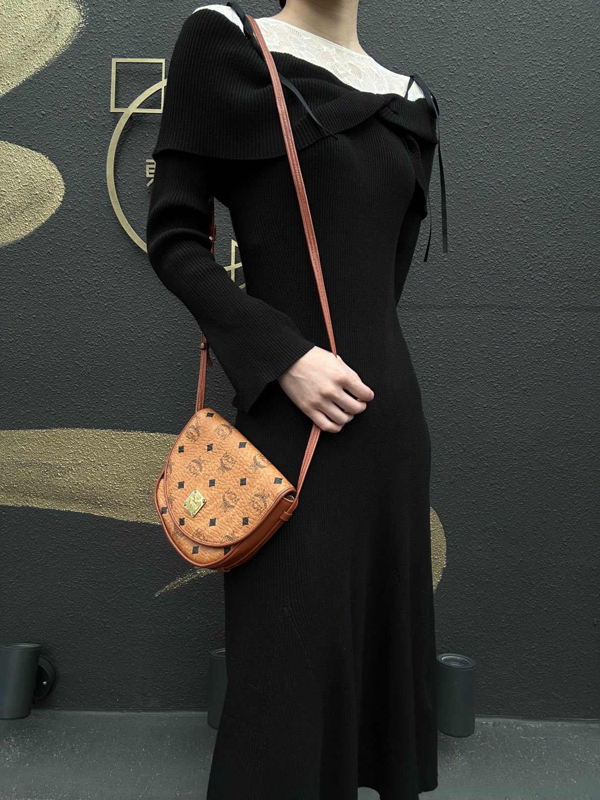 MCM Visetos Shoulder Bag PVC Leather Mustard Gold Logo Plate Hardware