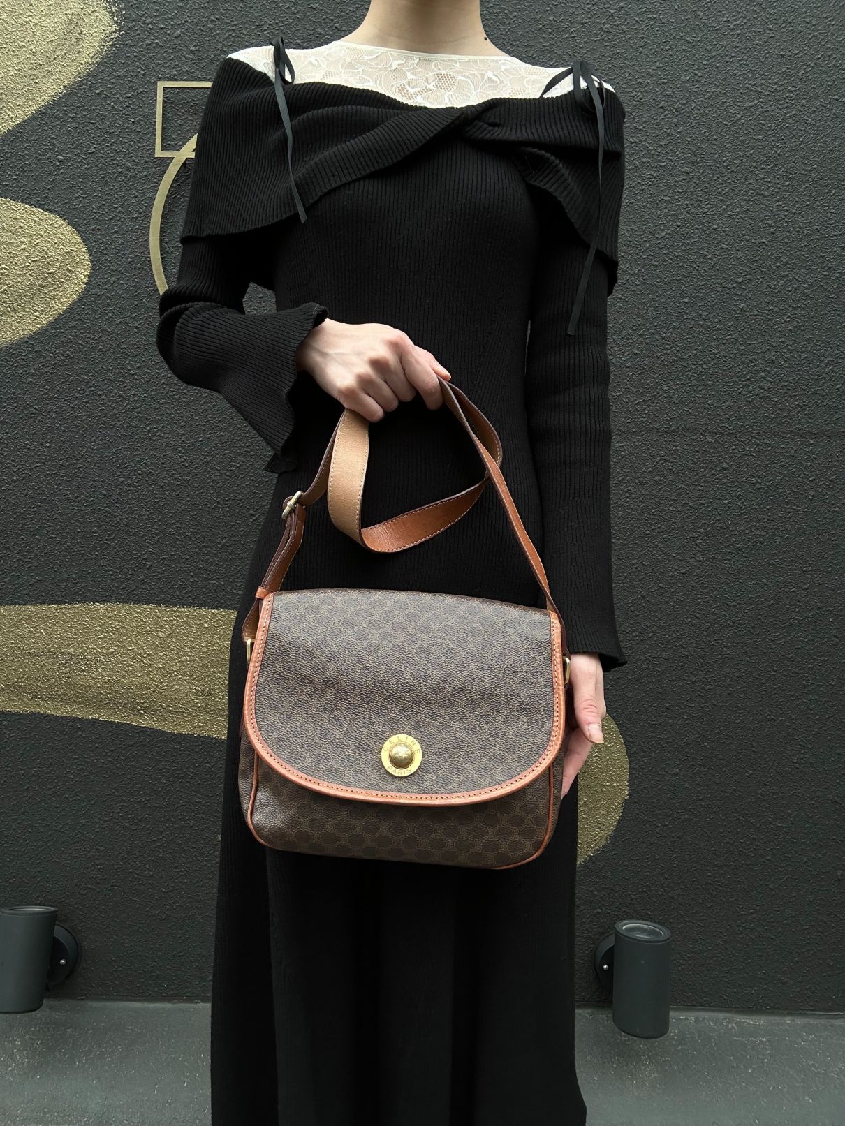 CELINE Macadam Pattern Shoulder Bag Pvc Brown Gold Hardware