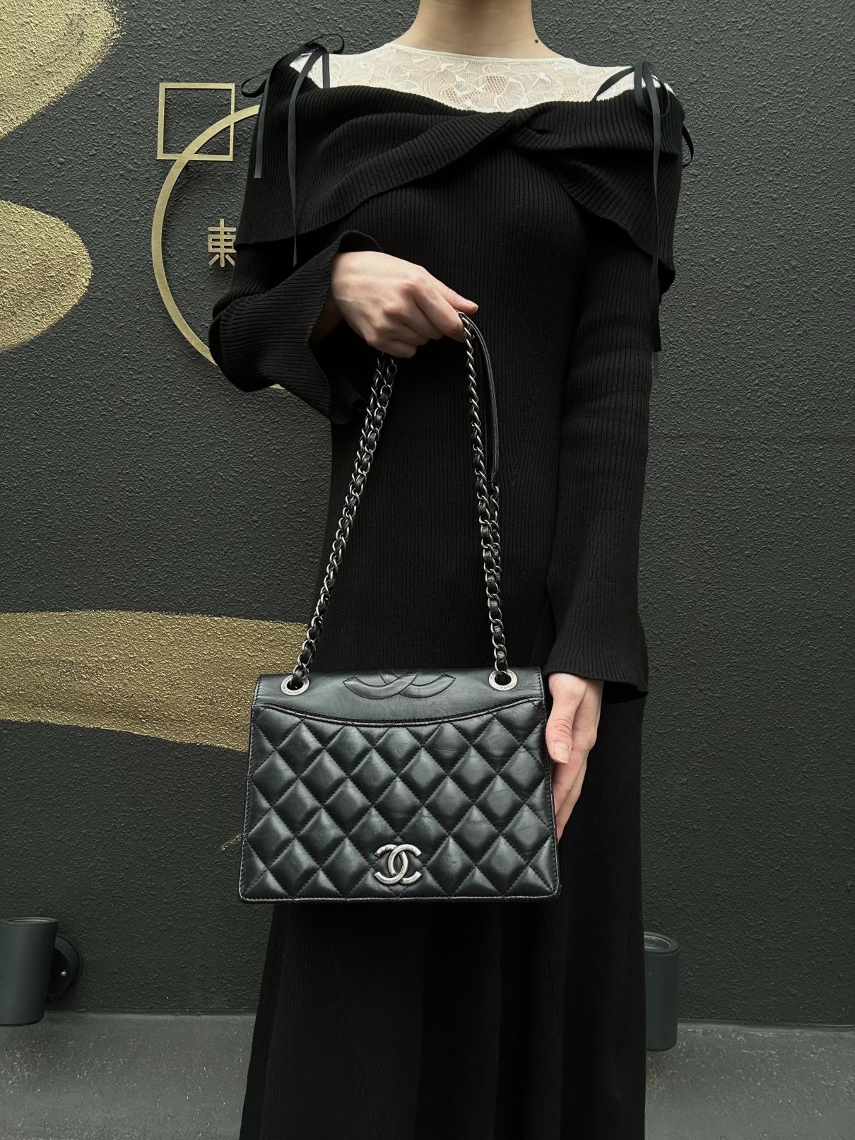 CHANEL Matelasse Flap Shoulder Bag Lambskin Black Silver Hardware