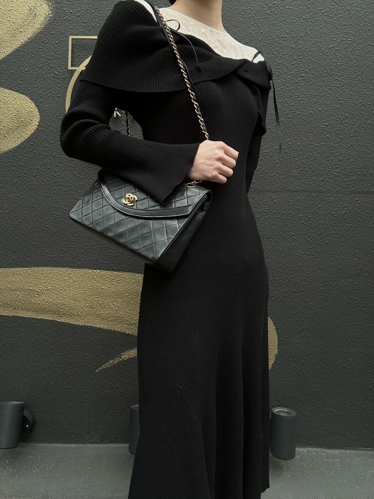 CHANEL Matelasse Cf Flap Shoulder Bag Caviar Leather Black Gold Hardware