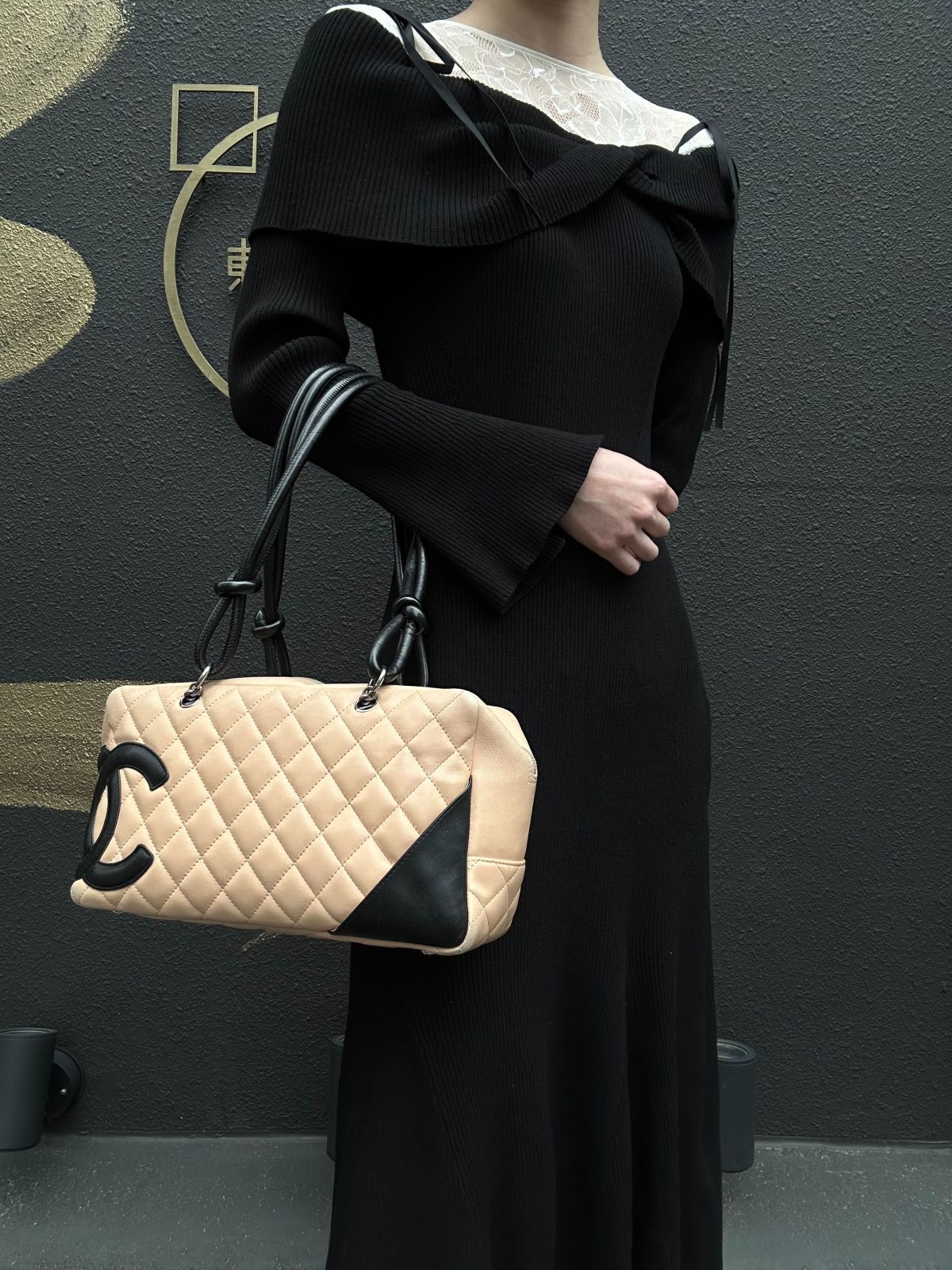 CHANEL Cambon Shoulder Bag Lambskin Beige Silver Hardware With Guarantee Card