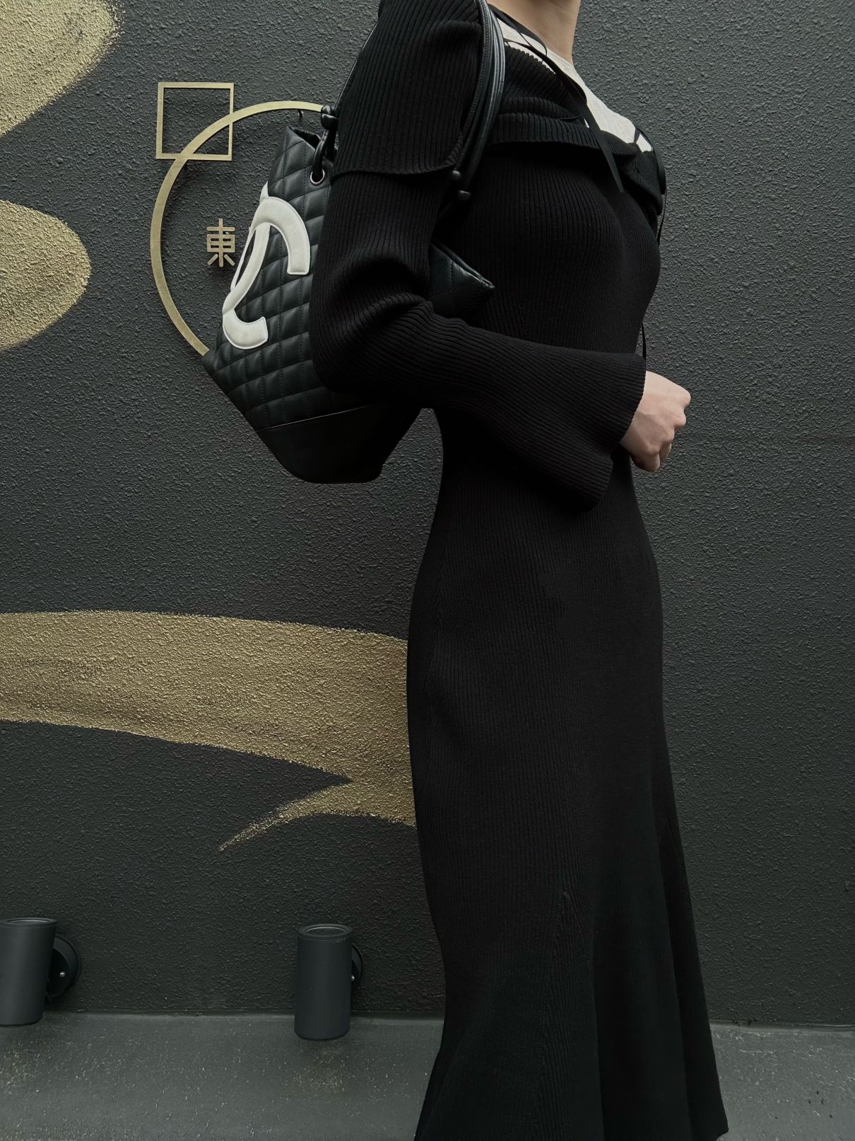 CHANEL Cambon Line Handbag Lambskin Black