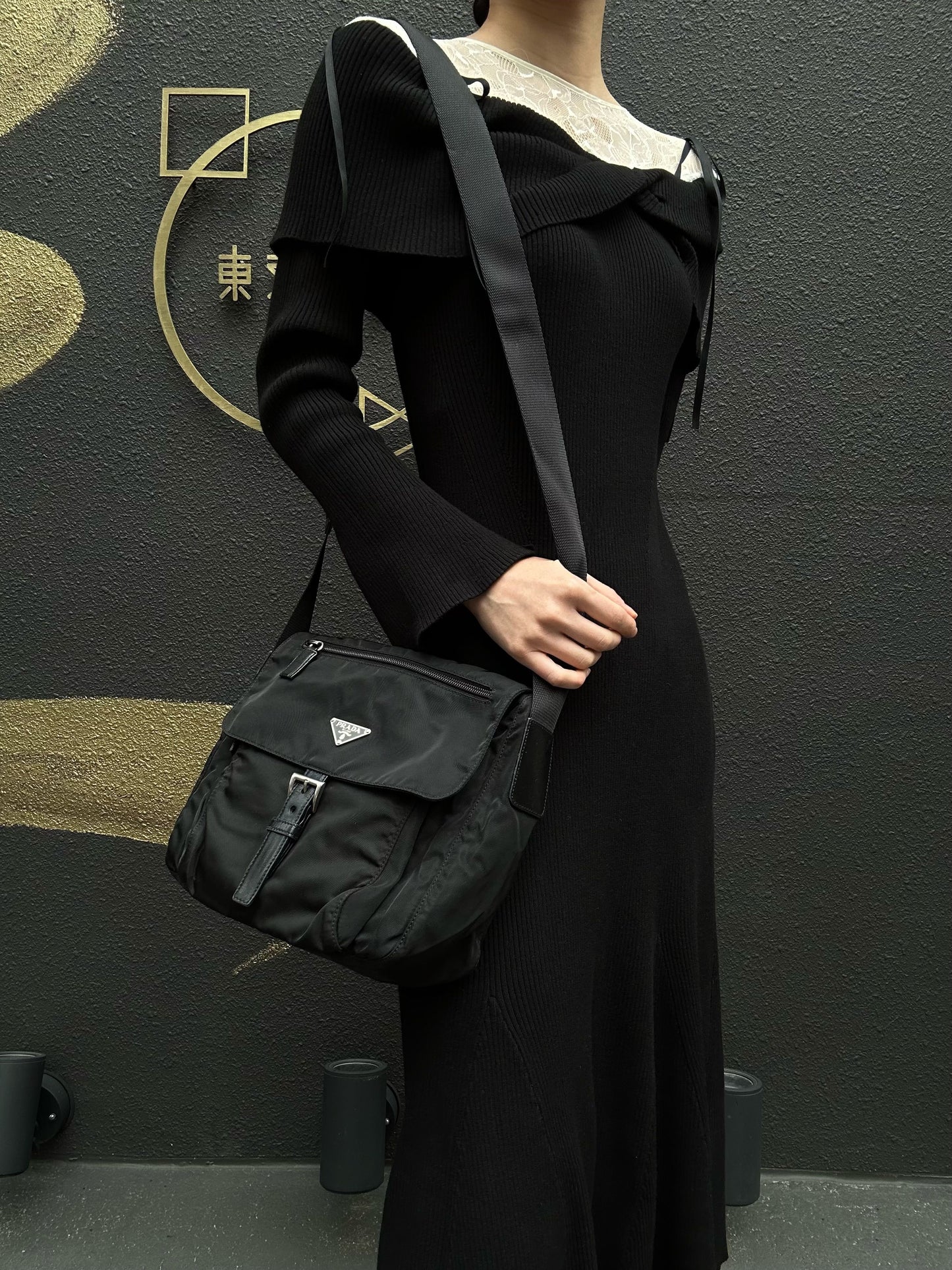 PRADA Shoulder Bag, Nylon, Black, Silver Hardware, PRADA Black Nylon Flap Crossbody Bag