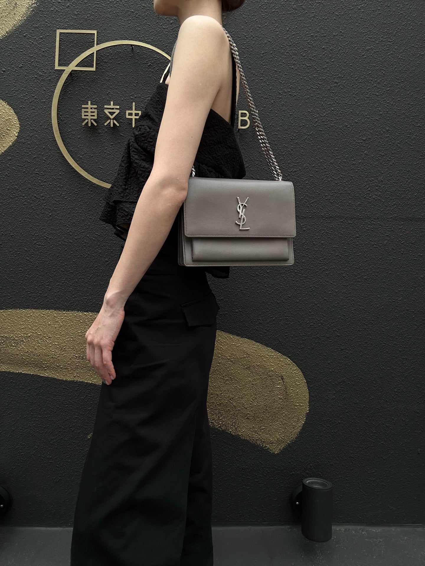 YSL Saint Laurent Sunset Shoulder Bag PVC Elephant Grey Silver Hardware