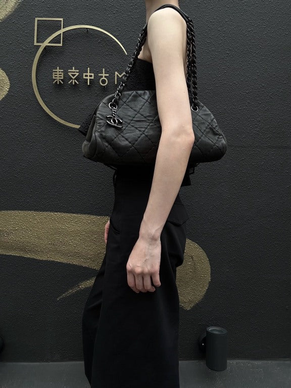 CHANEL Matelasse Wild Stitch Calfskin Bowling Tote Shoulder Bag Grey Silver Hardware