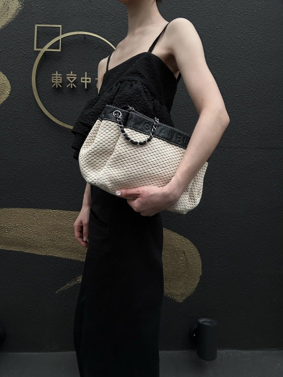 CHANEL Canvas Shoulder Bag Beige/Black Silver Hardware