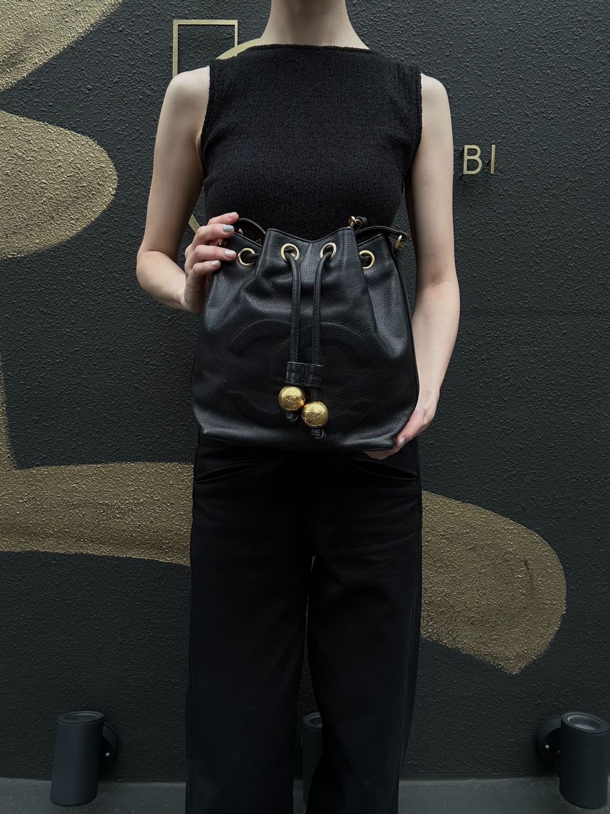 CHANEL Coco Mark Caviar Skin Drawstring Shoulder Bag Black Gold-Tone Hardware