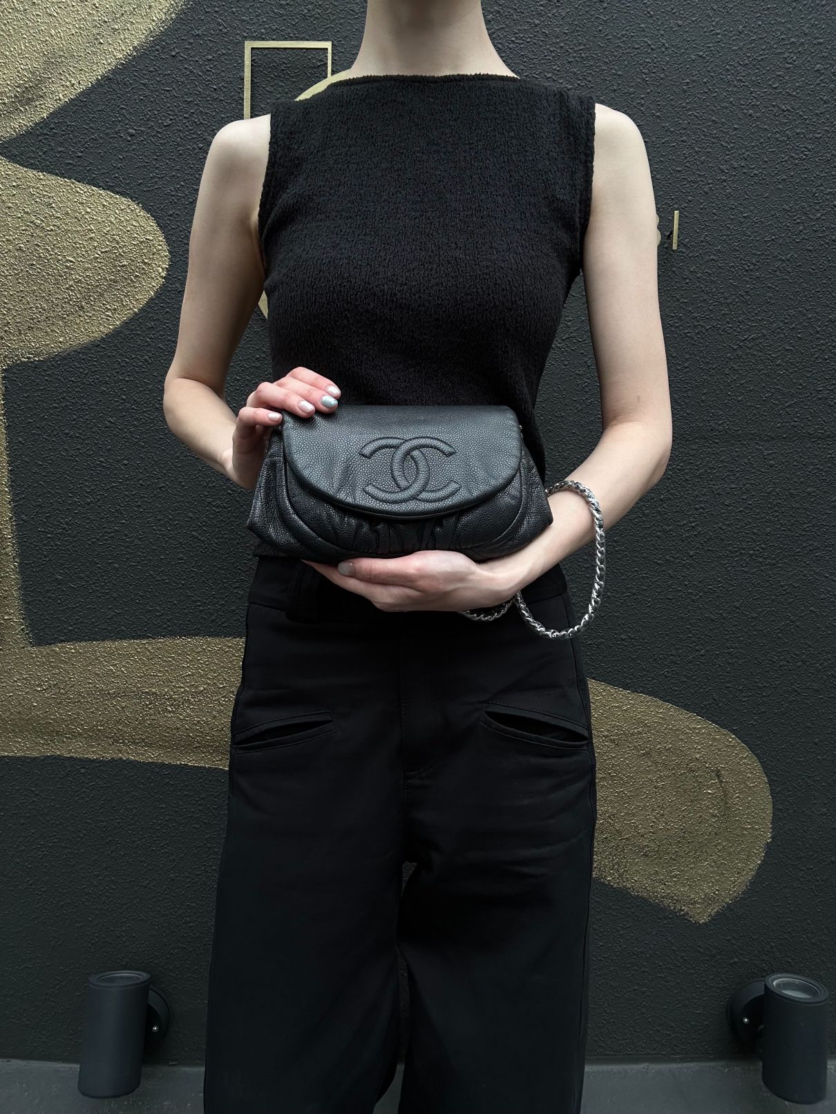CHANEL Coco Mark Caviar Leather Shoulder Bag Black Silver-Tone Hardware