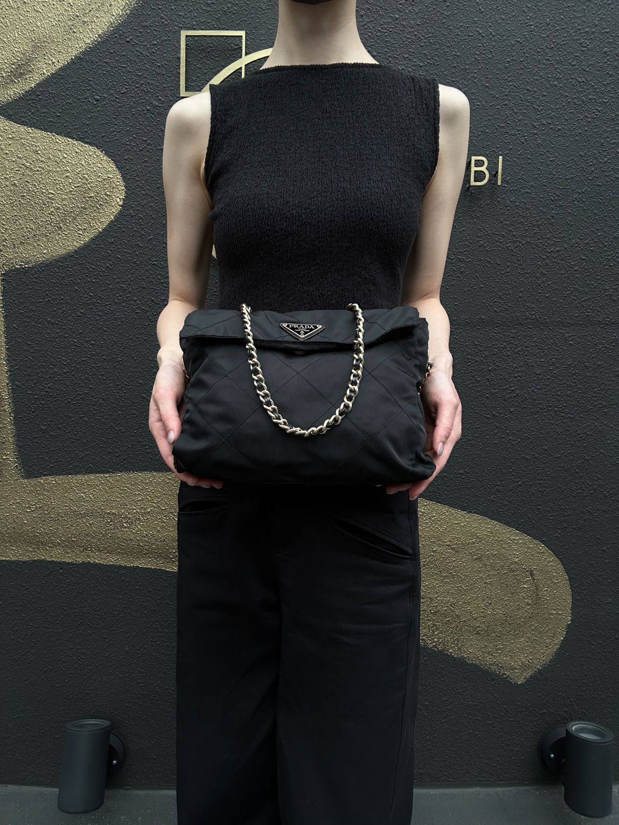PRADA Nylon Shoulder Bag Black Gold-Tone Hardware