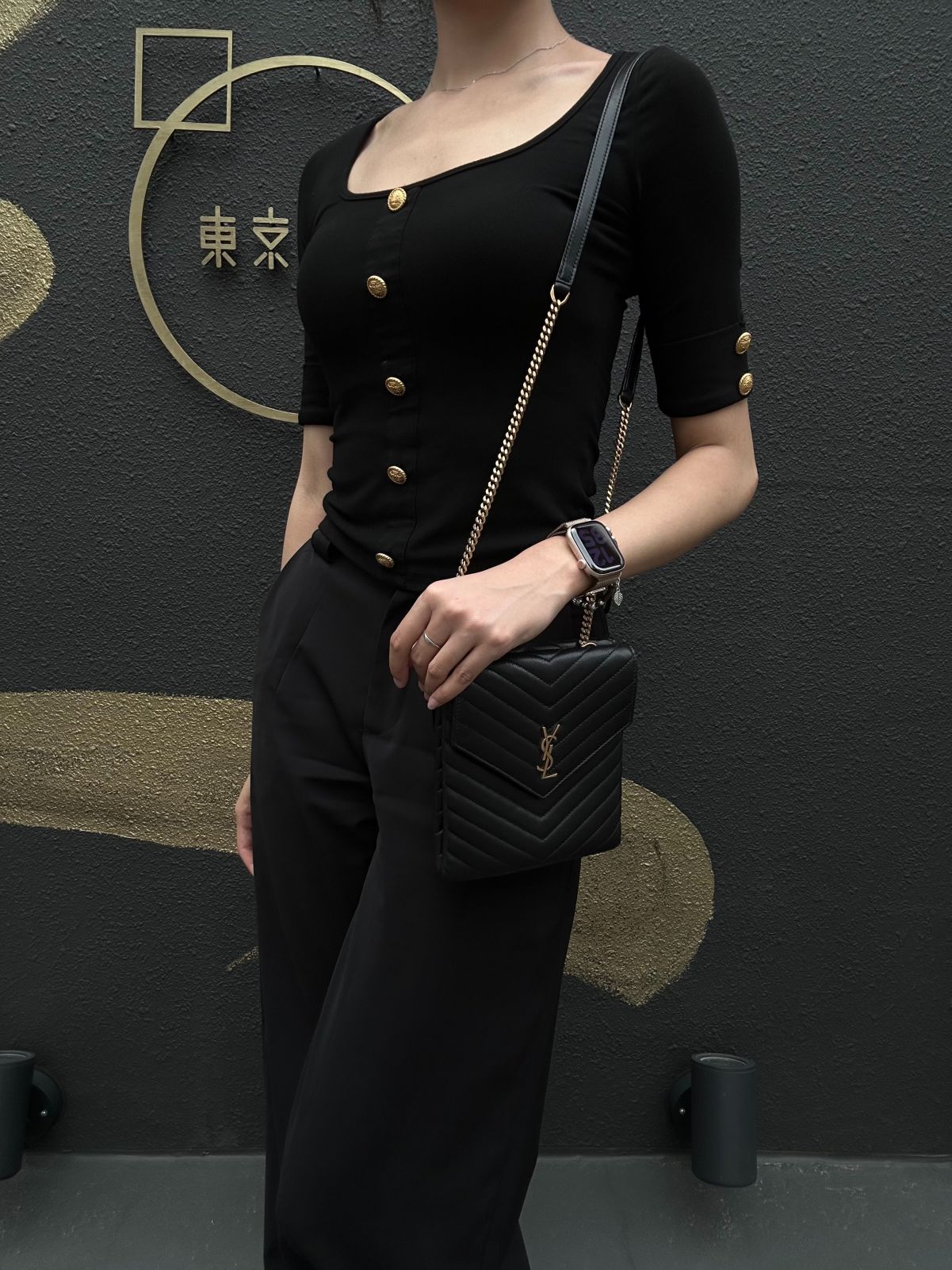 YVES SAINT LAURENT Cassandra V-Stitch Calf Leather Shoulder Bag Black Gold-Tone Hardware
