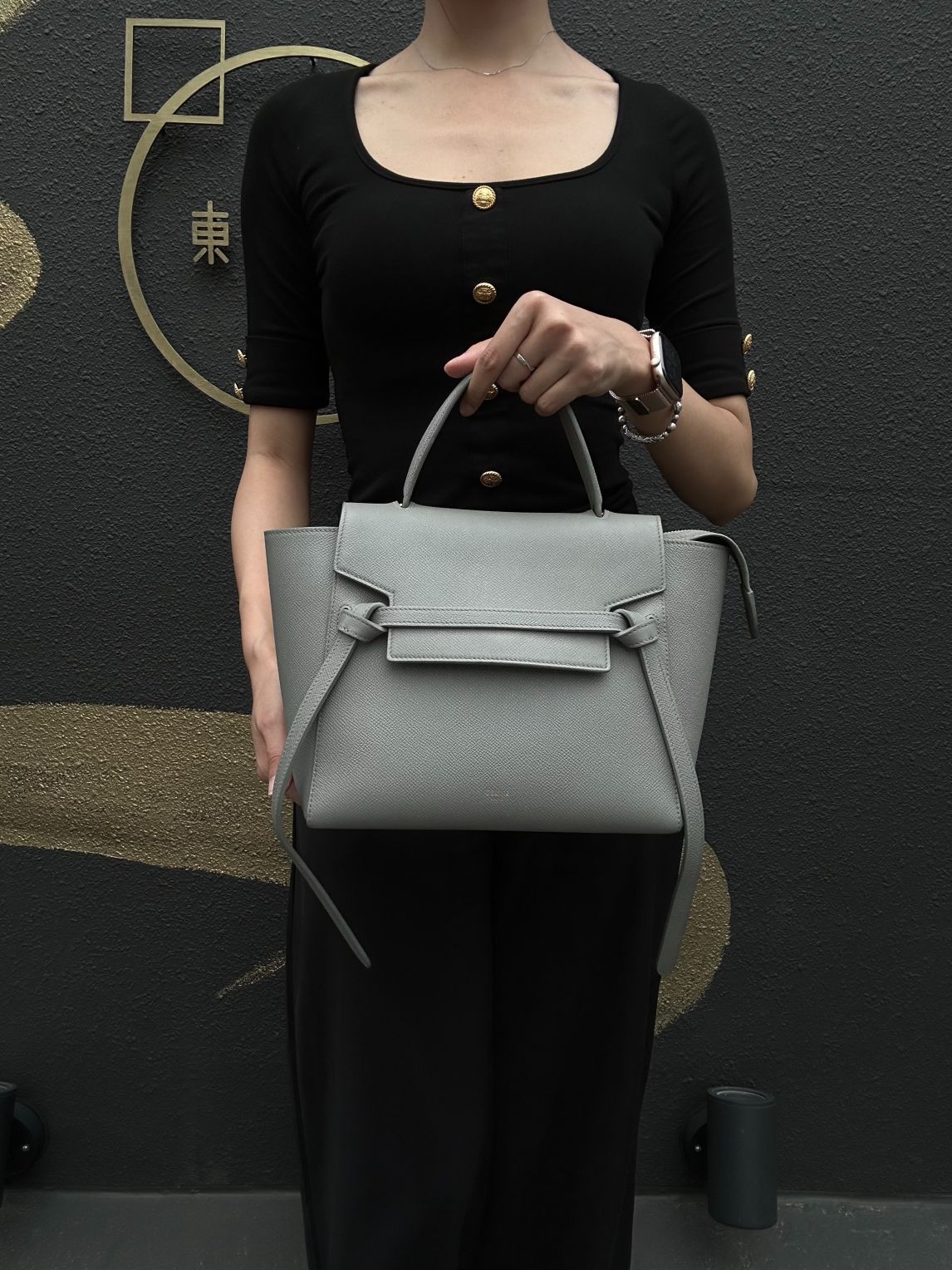 CELINE Calfskin Handbag, Grey, Gold Hardware, Includes Shoulder Strap