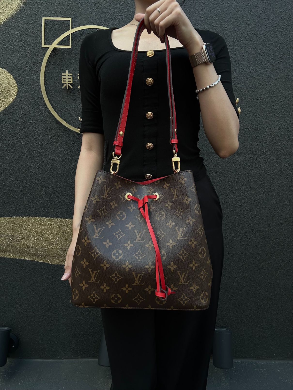 LOUIS VUITTON NeoNoé Monogram PVC Drawstring Bucket Shoulder Bag Brown Red