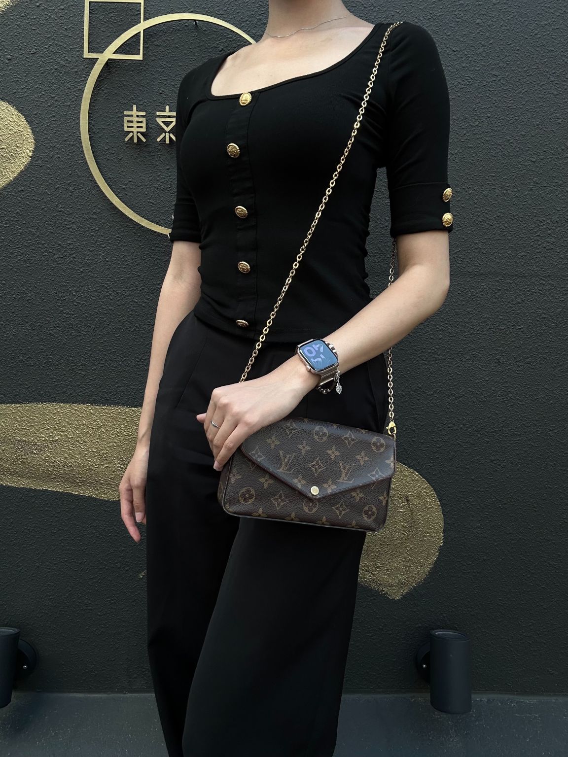 LOUIS VUITTON Félicie Pochette Monogram Canvas PVC Brown Gold Hardware With Card Holder & Pouch