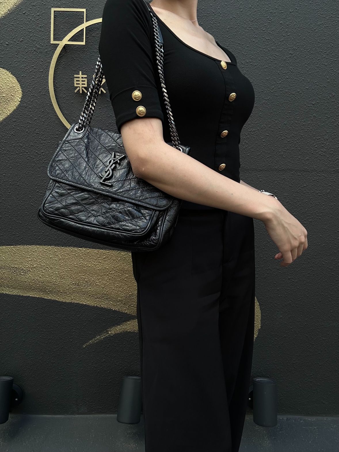 YVES SAINT LAURENT Niki Leather Shoulder Bag Black Silver-Tone Hardware